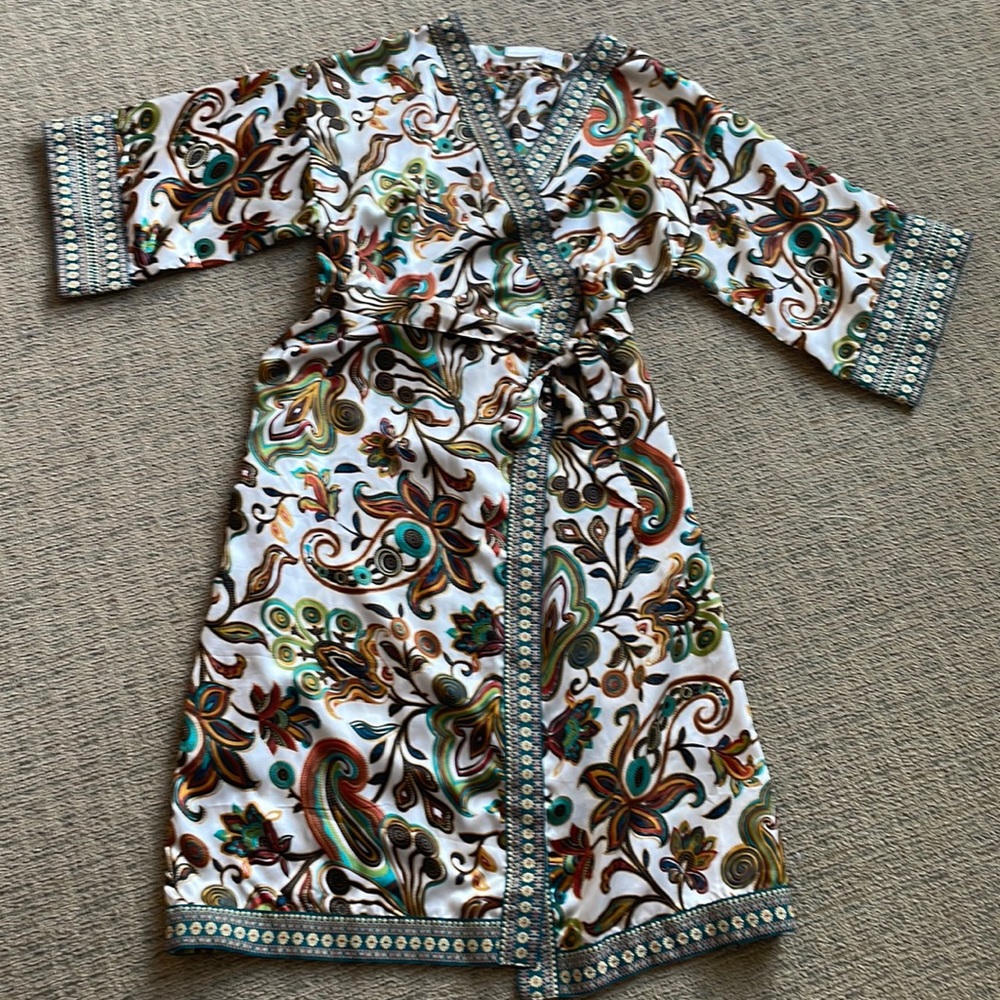 Soft Surroundings Silky Boho Paisley Jacquared Trim Maxi Kimono Robe